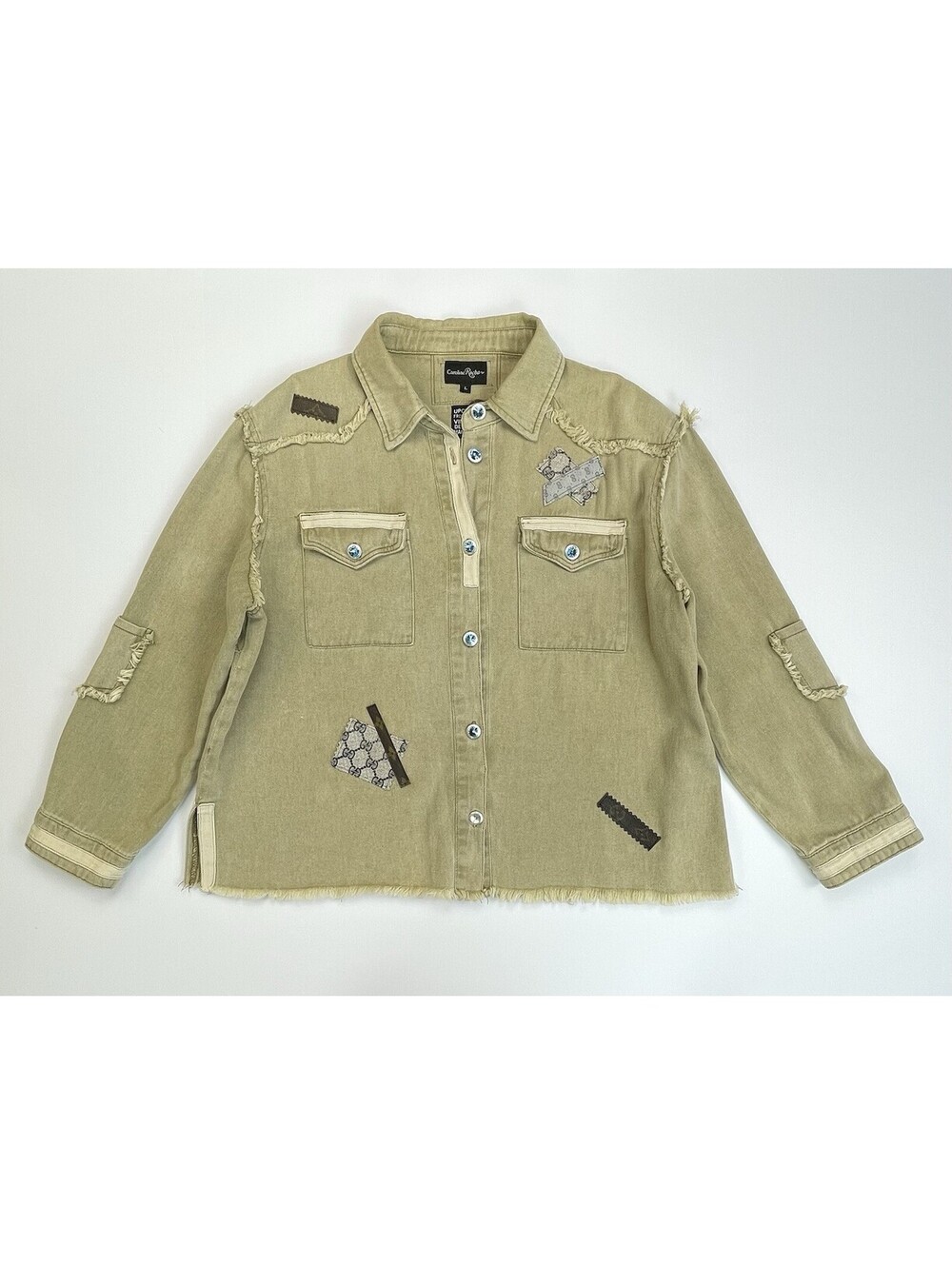 Caroline Rocha Upcycled Designer Bag Patch Denim Swarovski Shirt Jacket L OOAK